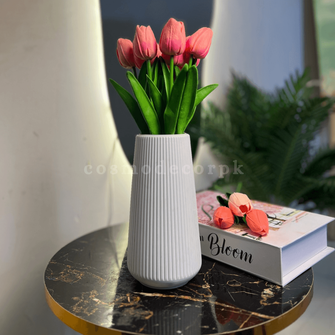 Premium Rubber Tulips with White Ribbed Vase