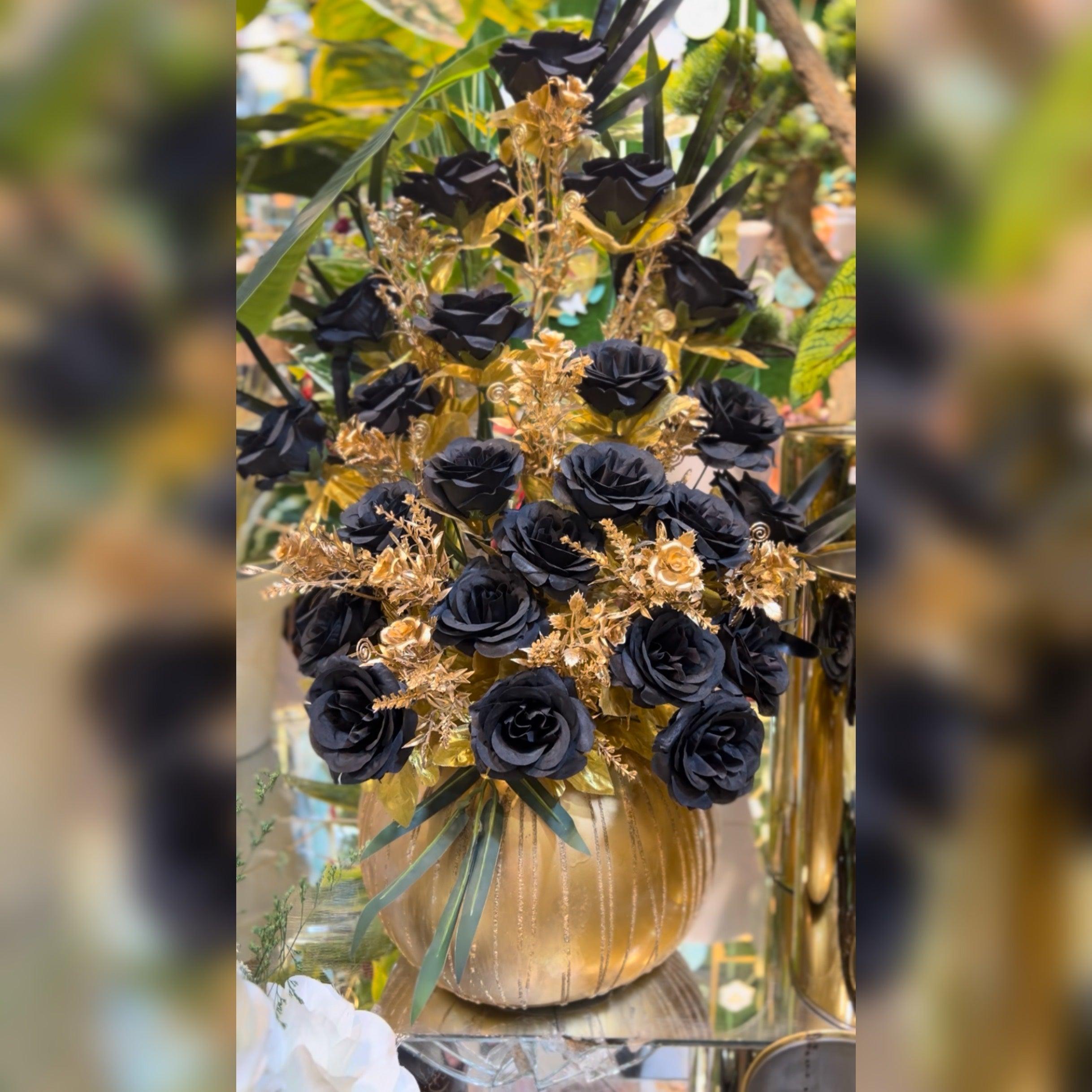 Luxury Black Roses with Golden Accents in Ceramic Vase