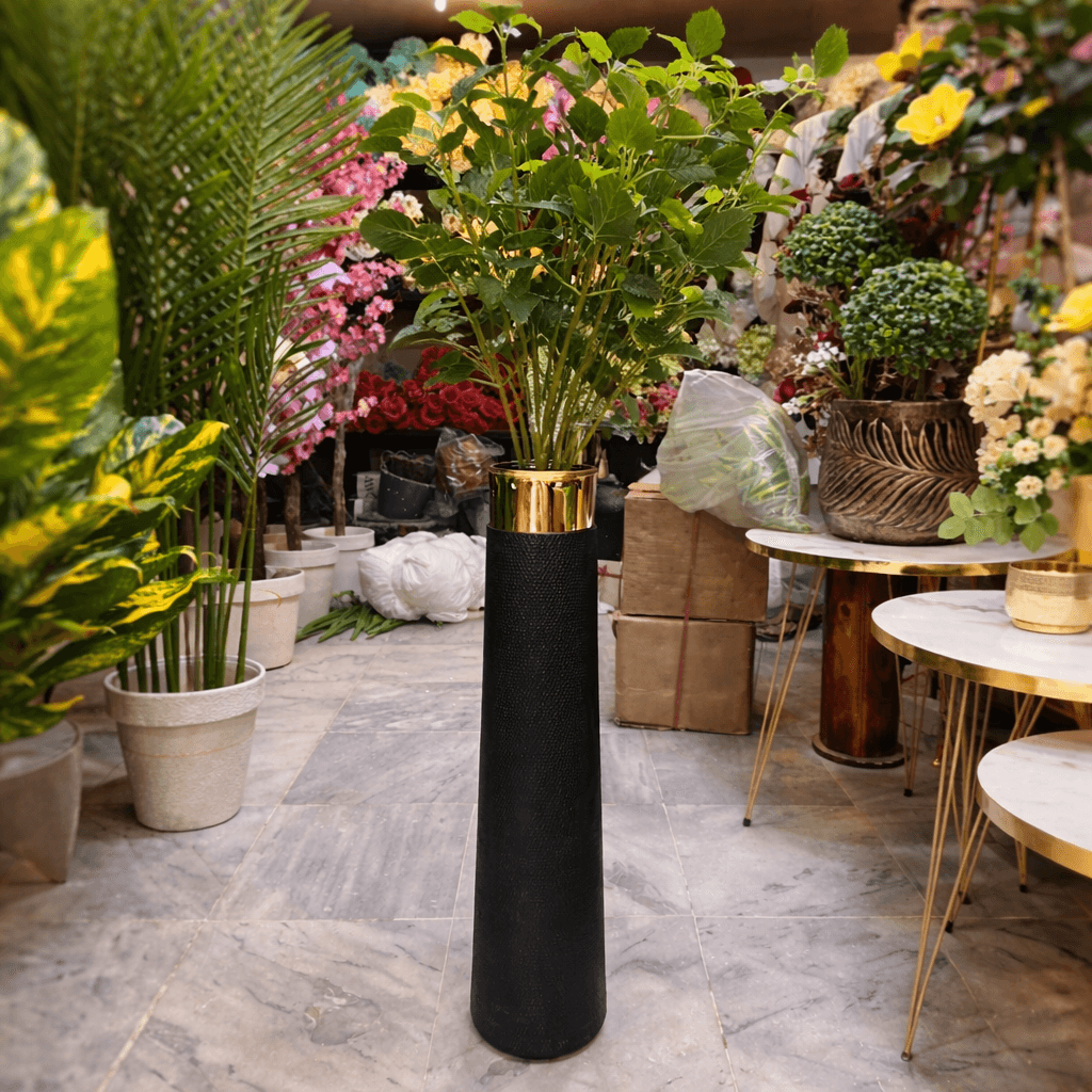Tall Black & Gold Floor Vase with Artificial Green Arrangement