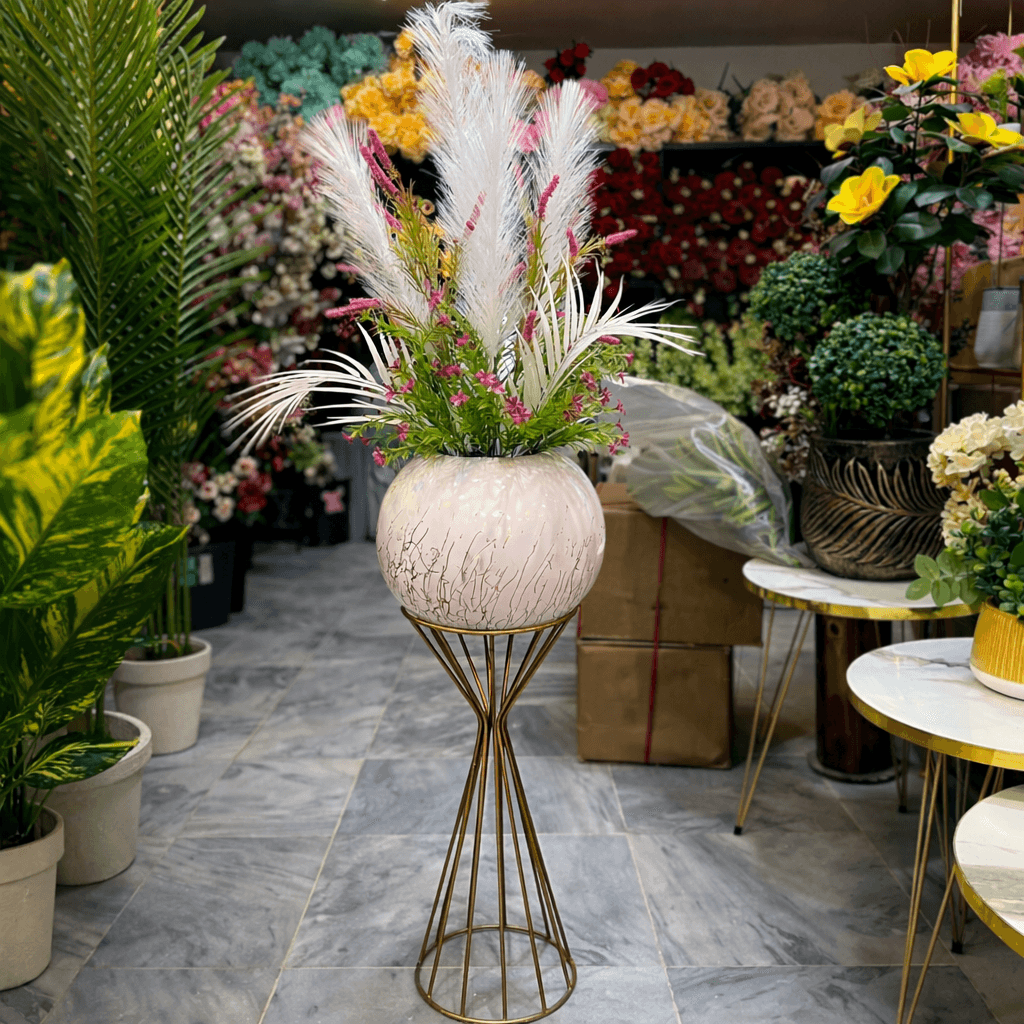 Chalk Bowl with Flower Arrangement with Metal Stand