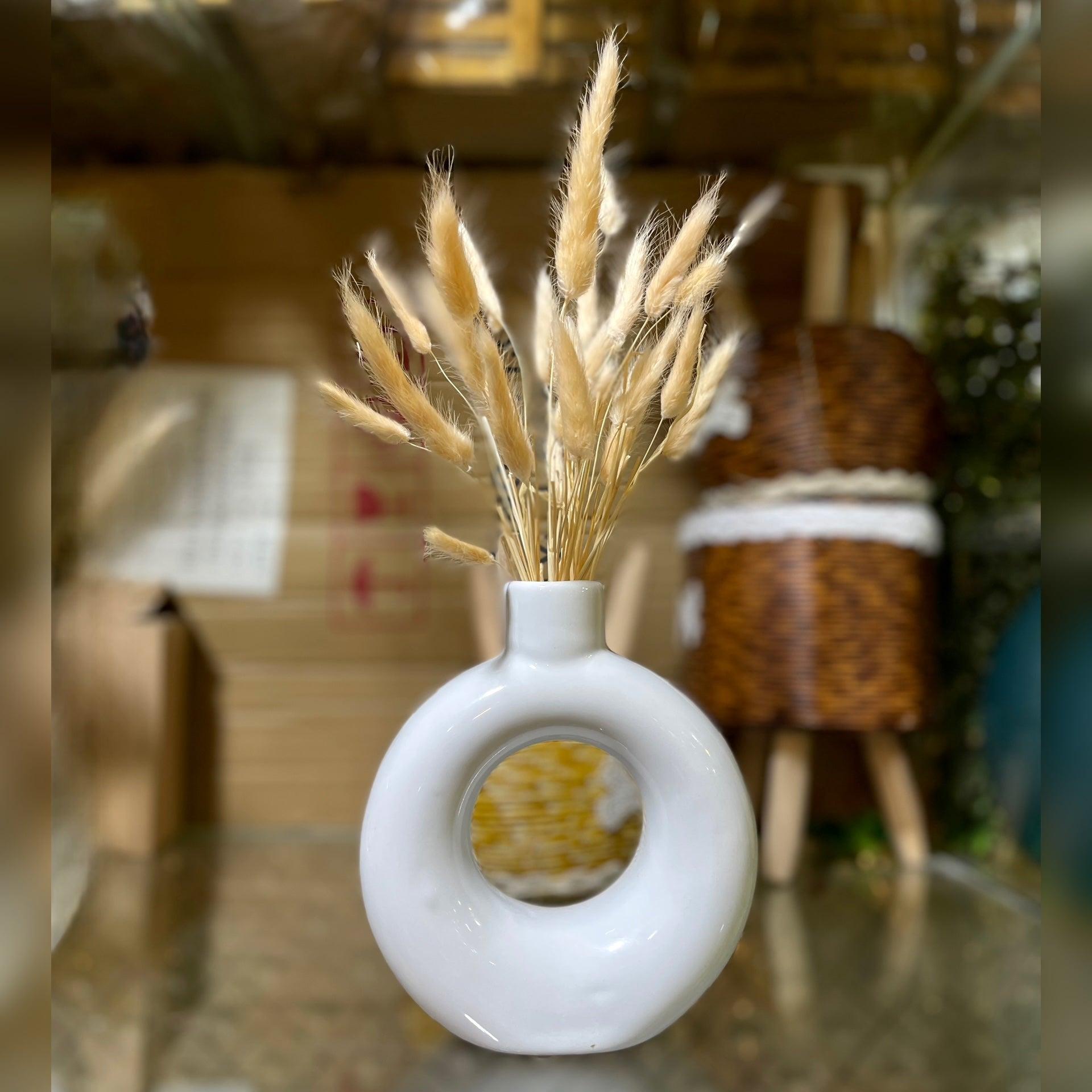 White Ceramic Donut Vase with Dried Bunny Tail Grass