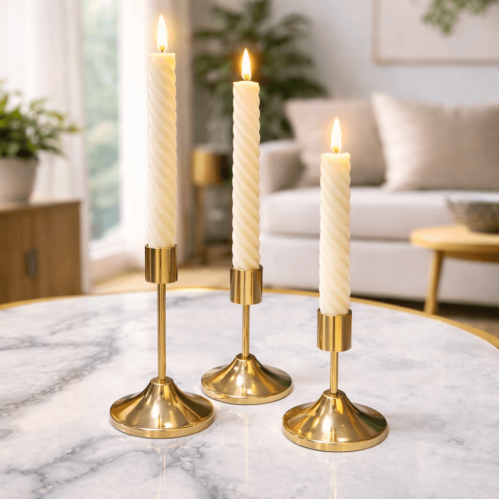3 Piece Golden Candle Stand Set with Plastic LED Spiral Candles