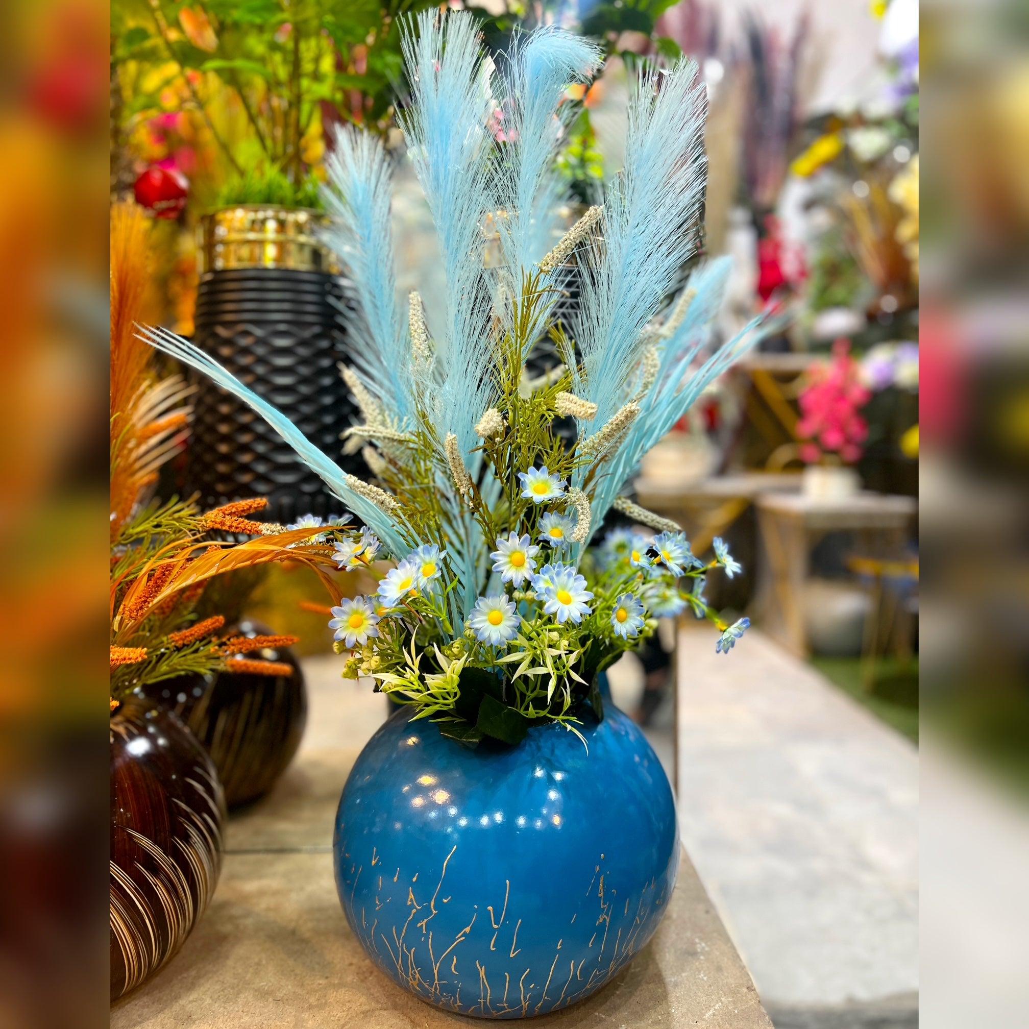 Royal Blue Chalk Pot with Artificial Flower Arrangement