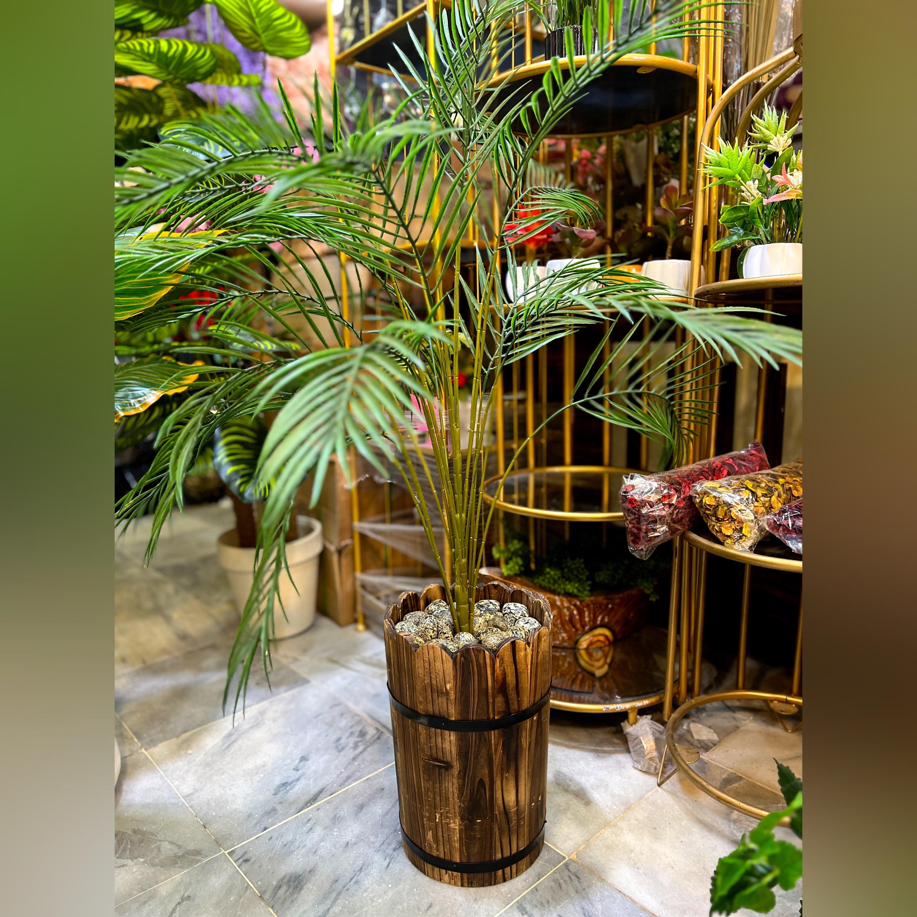 Tall Artificial Areca Palm Plant with Wooden Barrel Planter Indoor & Outdoor Decorative Palm Tree for Home & Office Decor