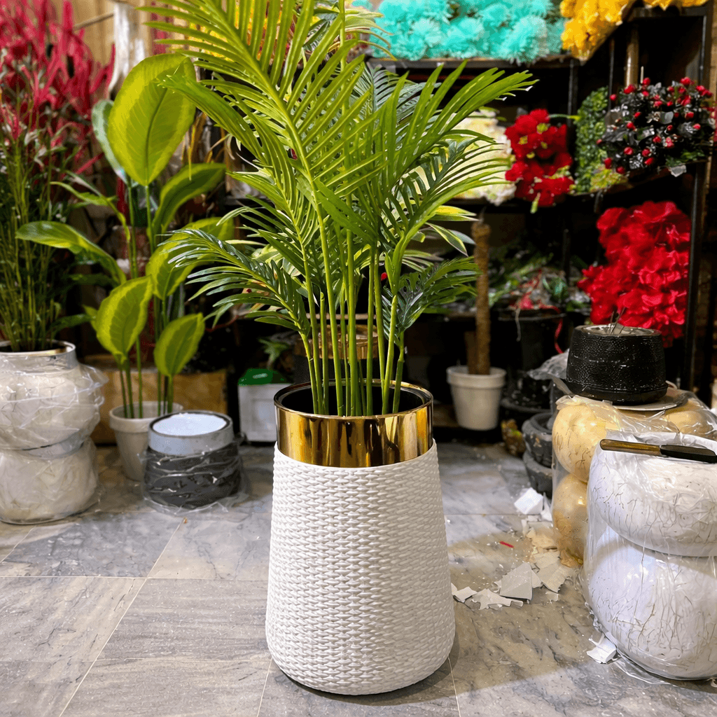 5.5ft Artificial Areca Palm Plant with White & Gold Woven Planter Indoor PVC Rubber Decorative Plant