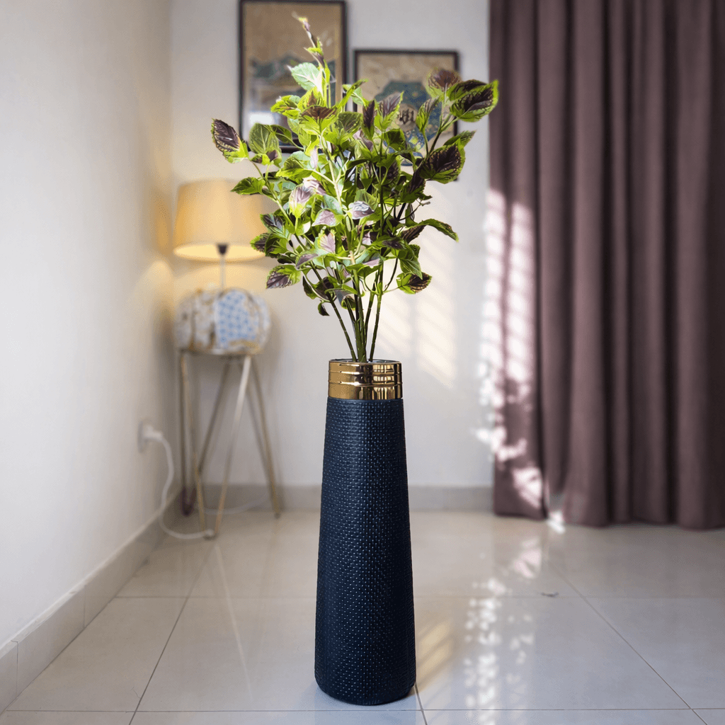 Tall Black & Gold Floor Vase with Artificial Green Arrangement