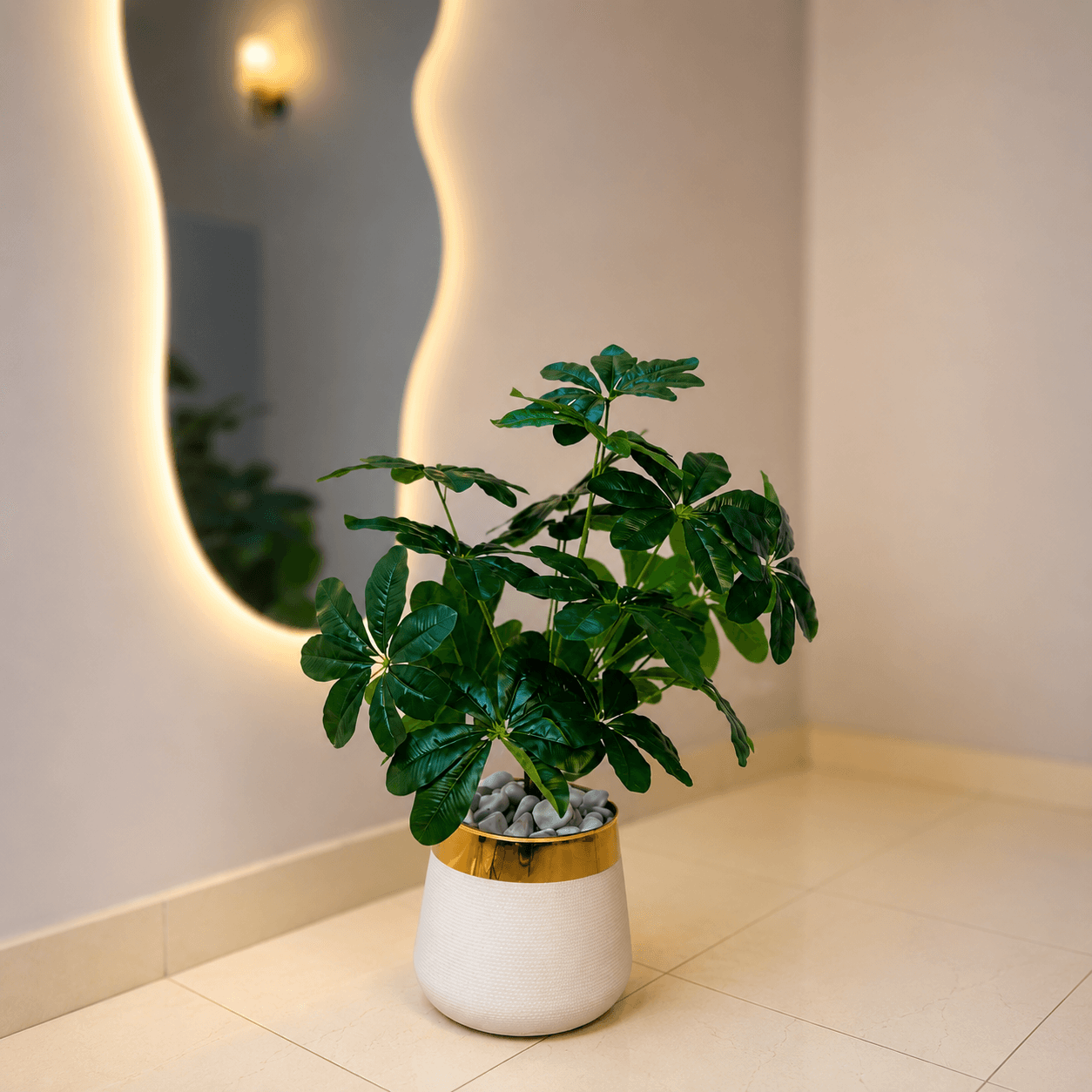 18 leaf Faux Umbrella Plant in Premium Gold Rim Planter