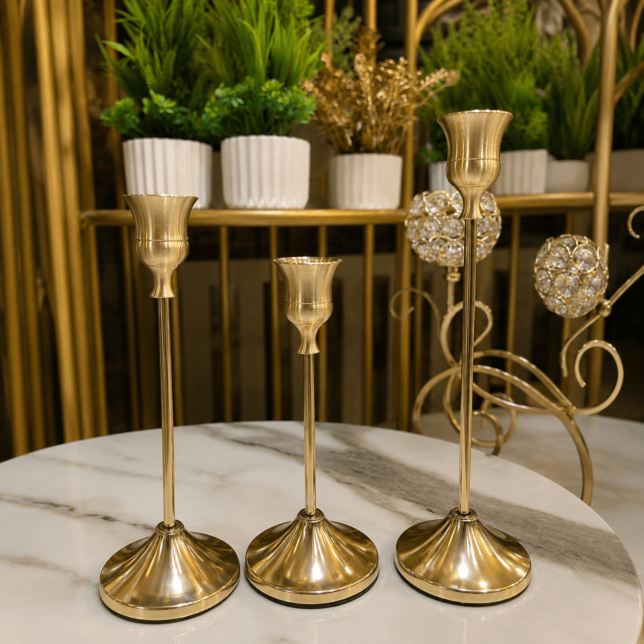 3 Piece Golden Candle Stand Set with Plastic LED Spiral Candles