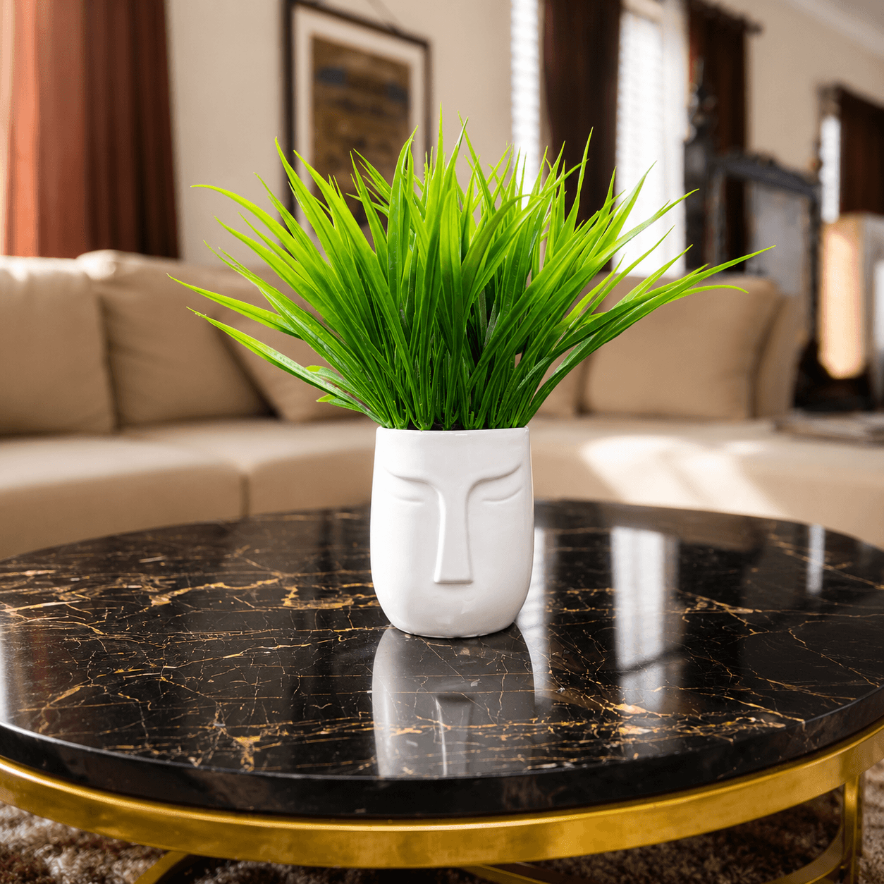 Face Ceramic Planter with Artificial Grass