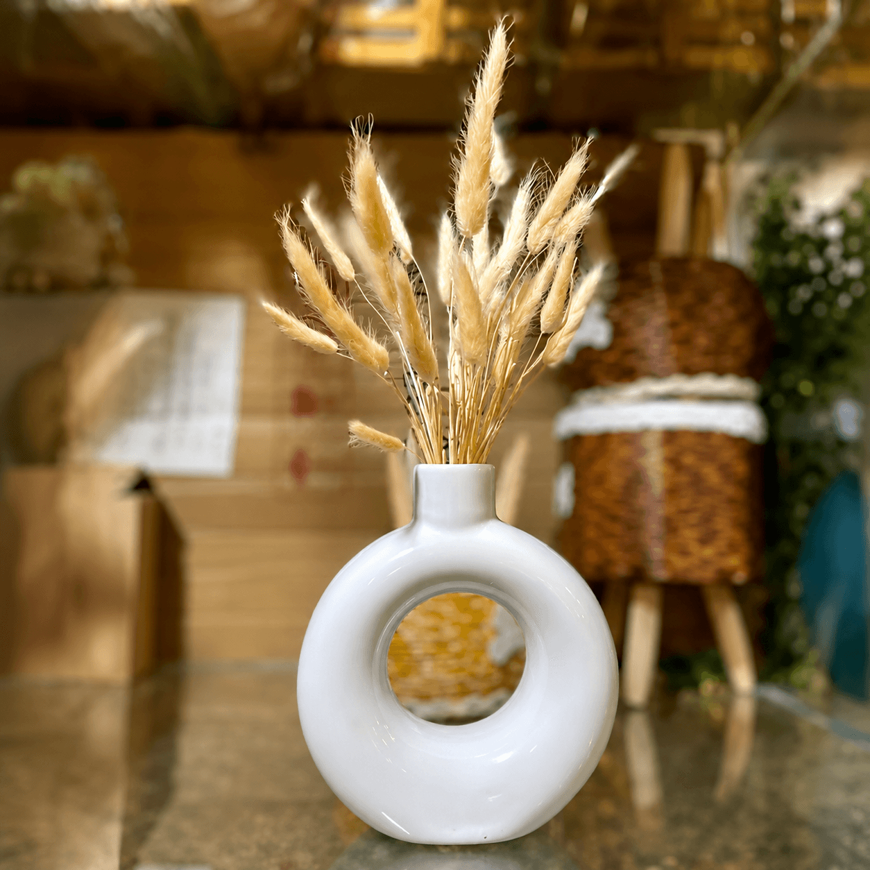 White Ceramic Donut Vase with Dried Bunny Tail Grass