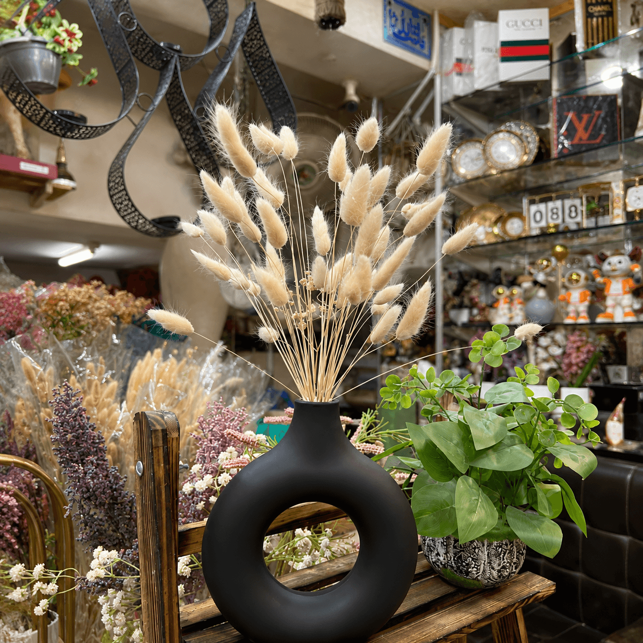 Matte Black Donut Vase with dried filling