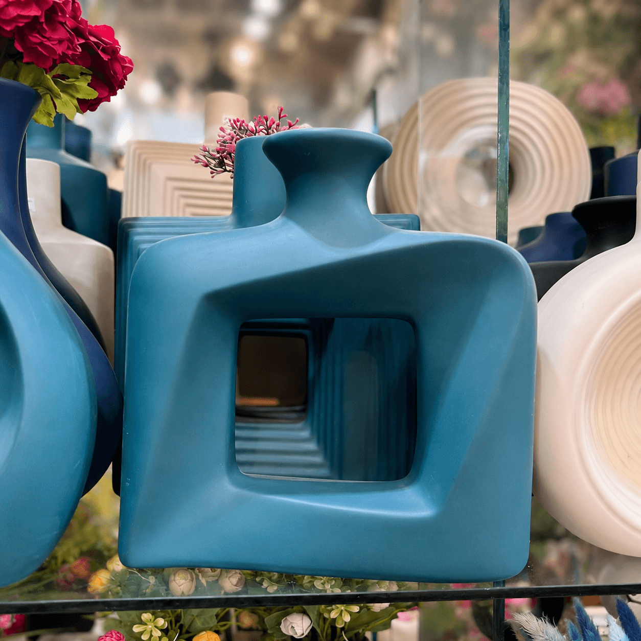 Nordic Geometric Ceramic Vase Matte Blue