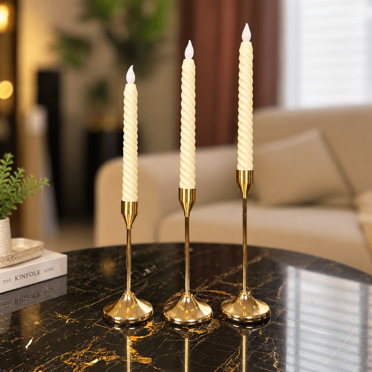 3 Piece Gold Candle Holder Set with LED Candles
