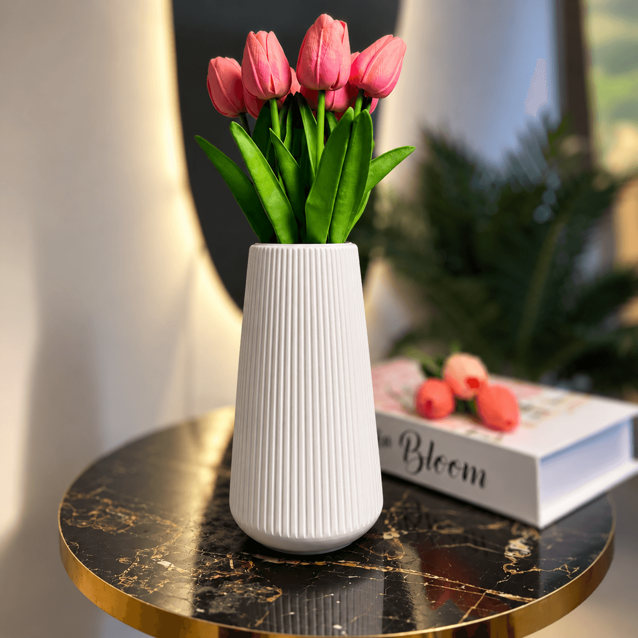 Premium Rubber Tulips with White Ribbed Vase