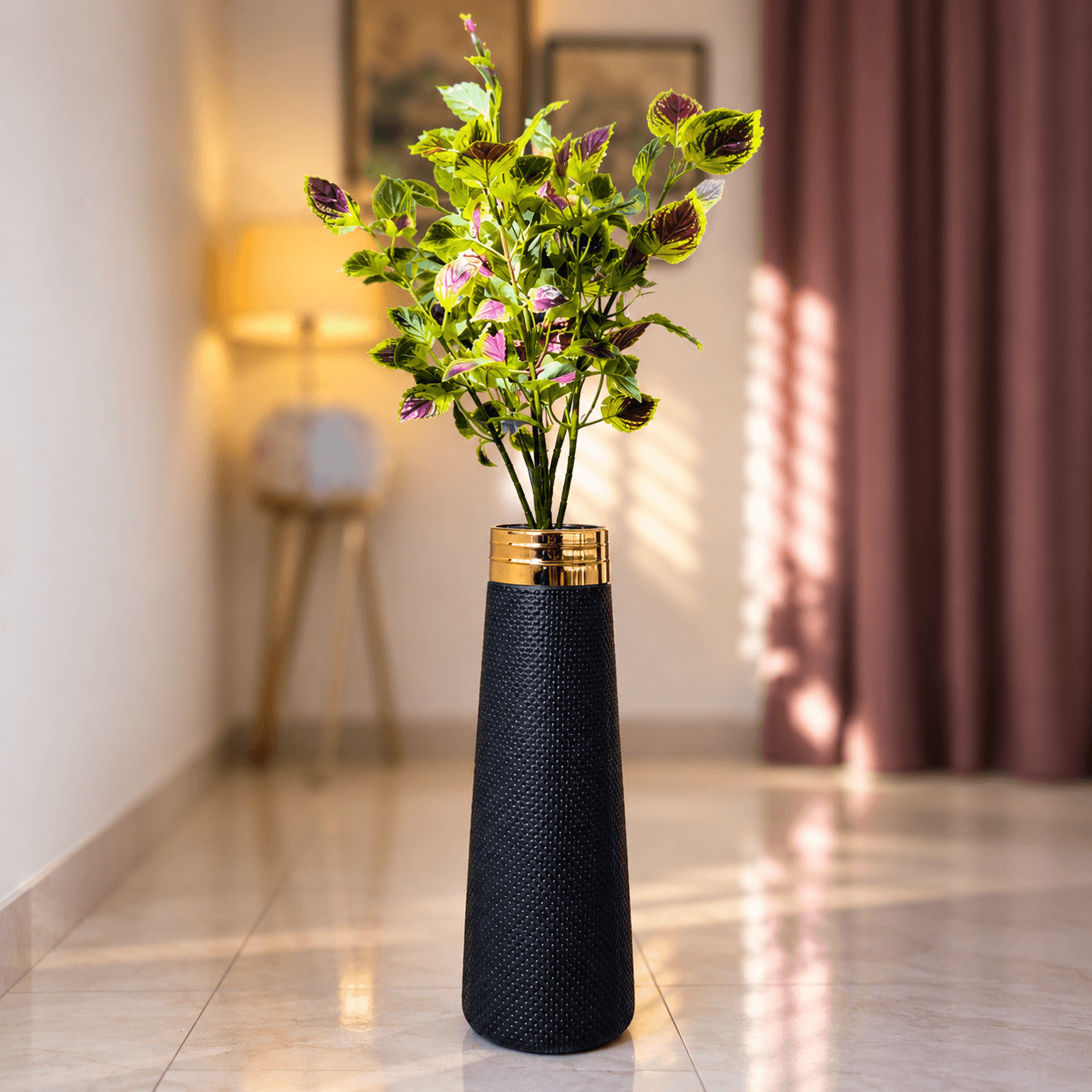 Tall Artificial Green Arrangement with Black & Gold Floor Vase