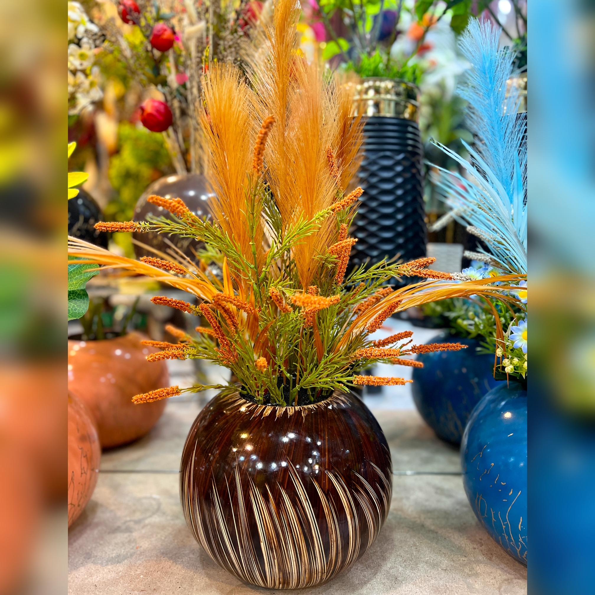 Brown Chalk Pot with Orange Pampas Arrangement