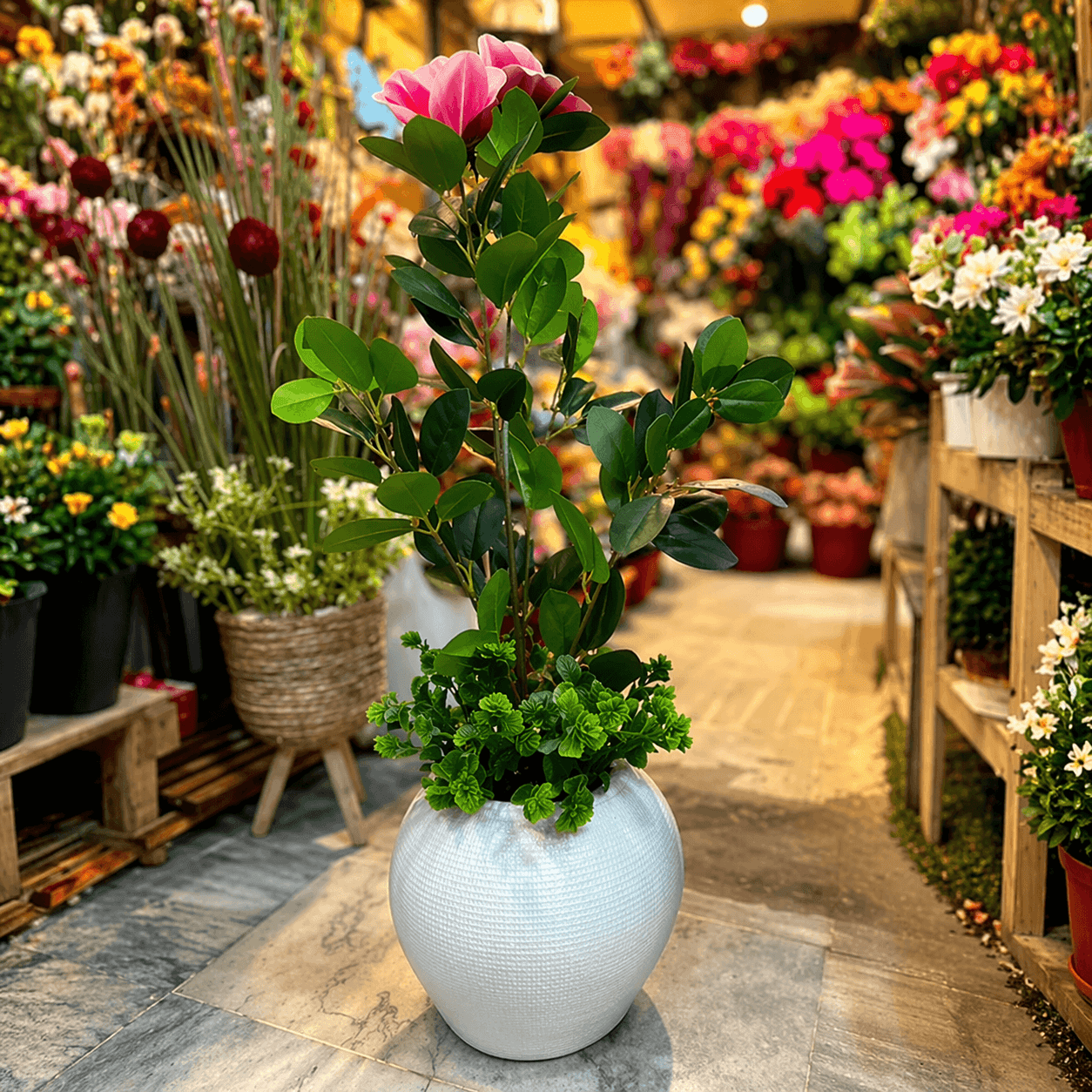 Aurora Bloom Artificial Leaf Plant in Textured Ceramic Vase