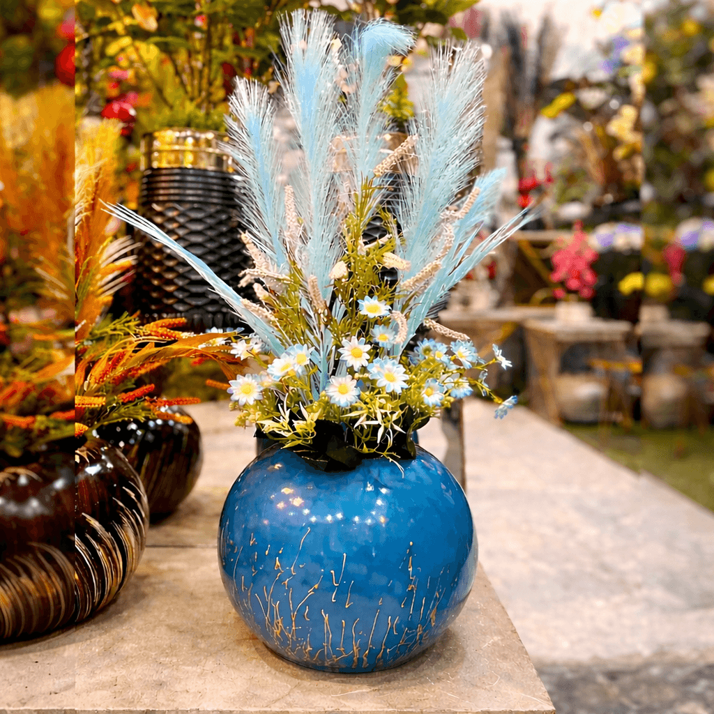 Royal Blue Chalk Pot with Artificial Flower Arrangement