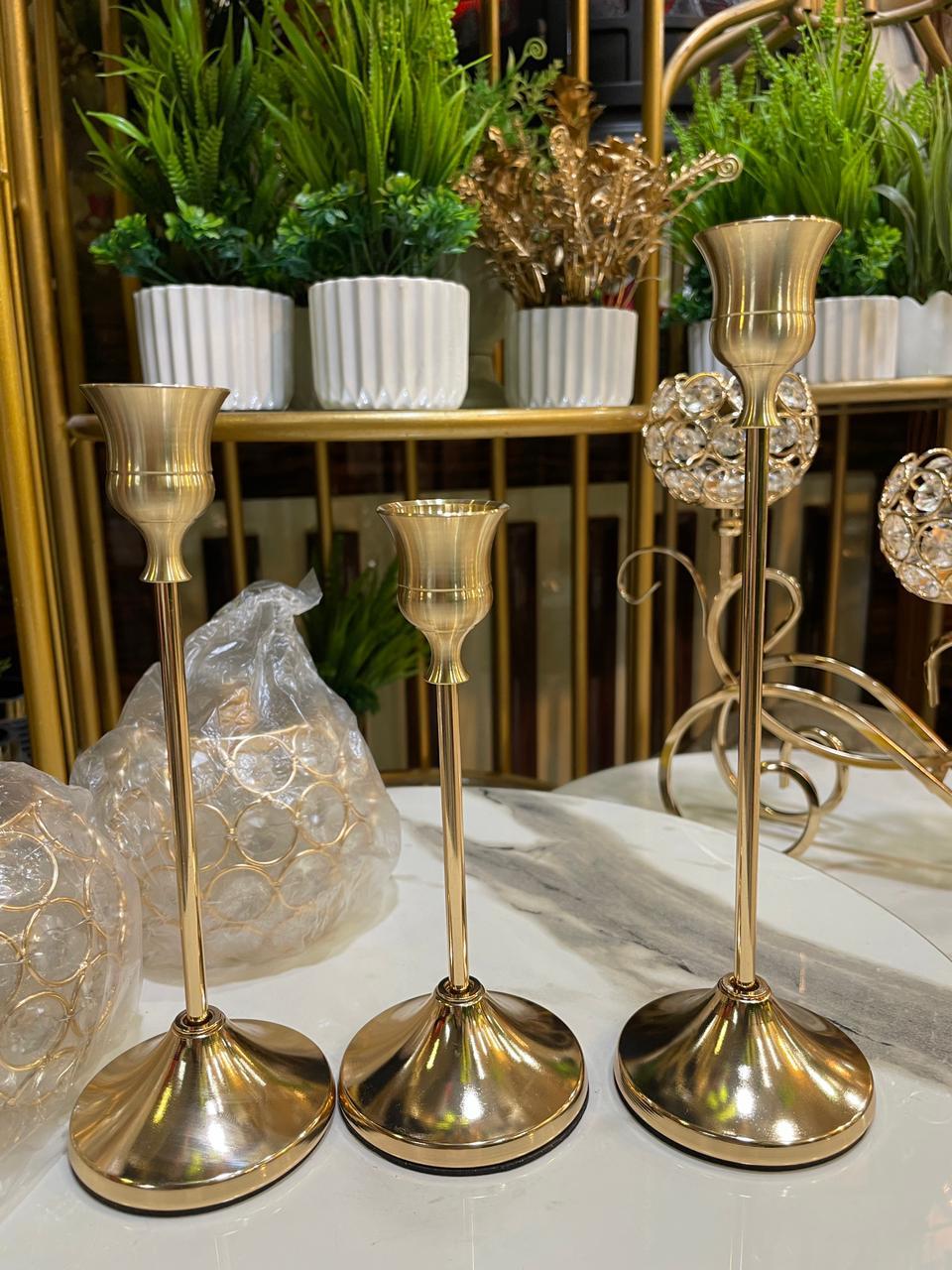 3 Piece Golden Candle Stand Set with Plastic LED Spiral Candles
