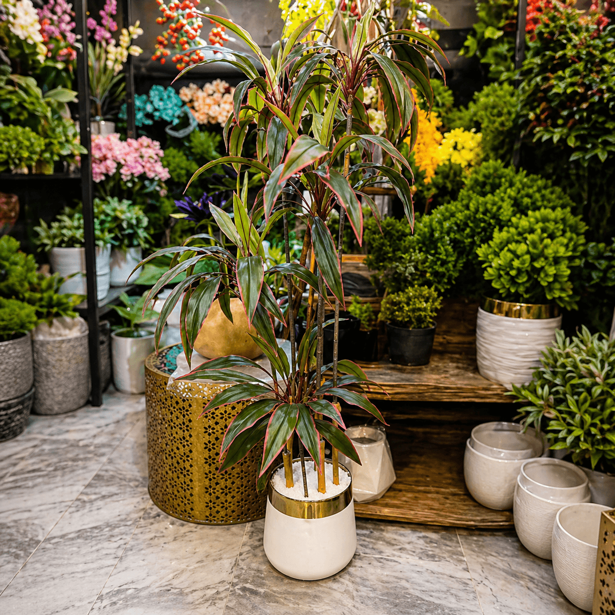 Dracaena Marginata Tricolor Plant with White & Golden Rimmed Planter