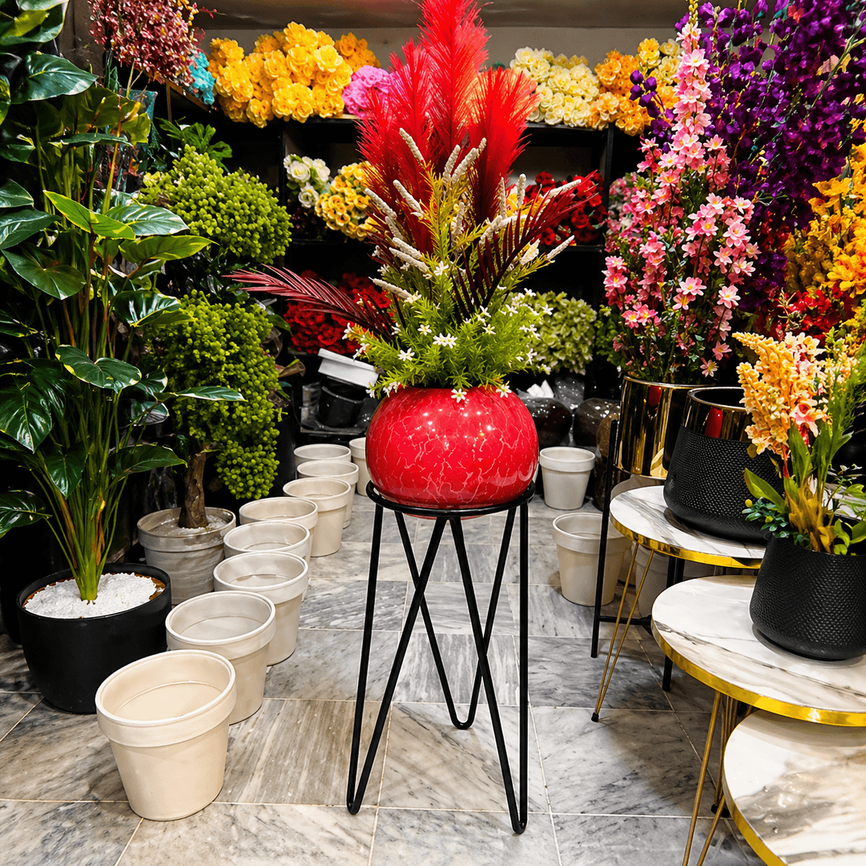 Chalk Flower Pot with Artificial Flowers & Metal Stand