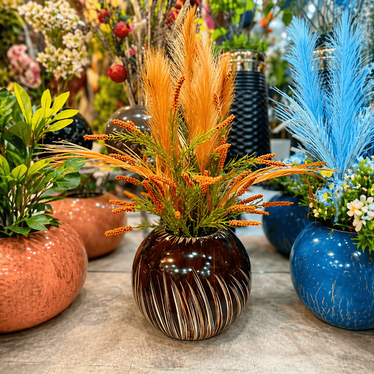 Brown Chalk Pot with Orange Pampas Arrangement