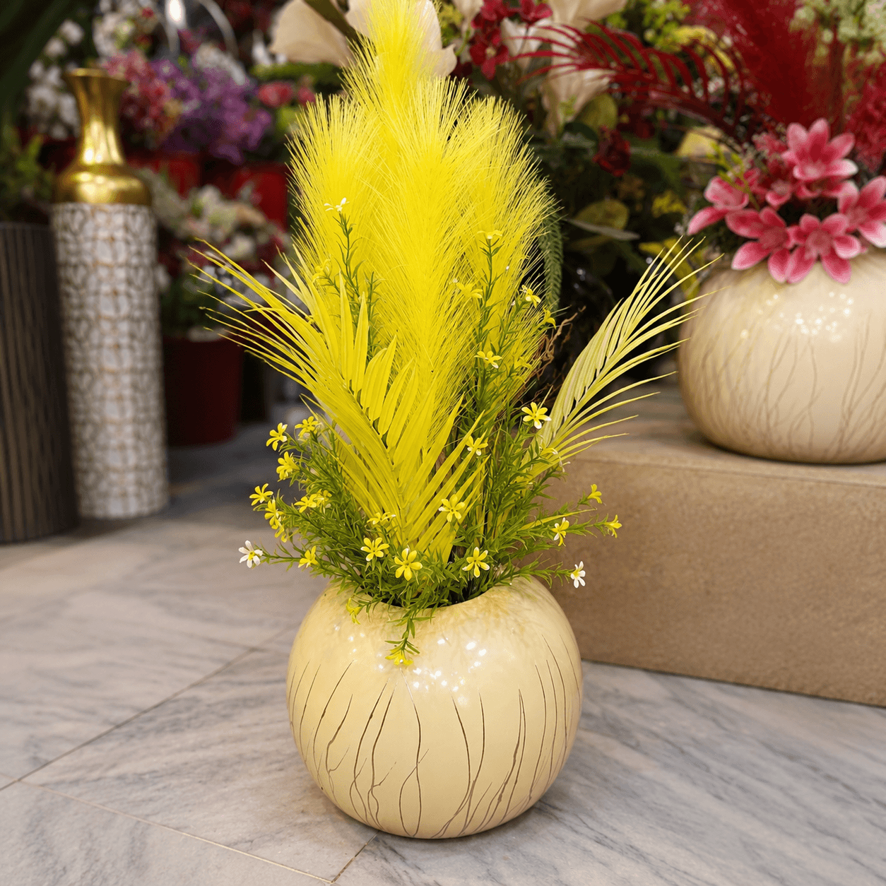 Yellow Flower Arrangement in Chalk Bowl