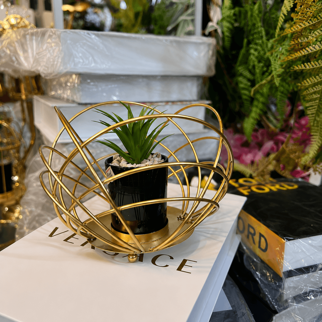 Metal Tabletop Planter with Faux Plant