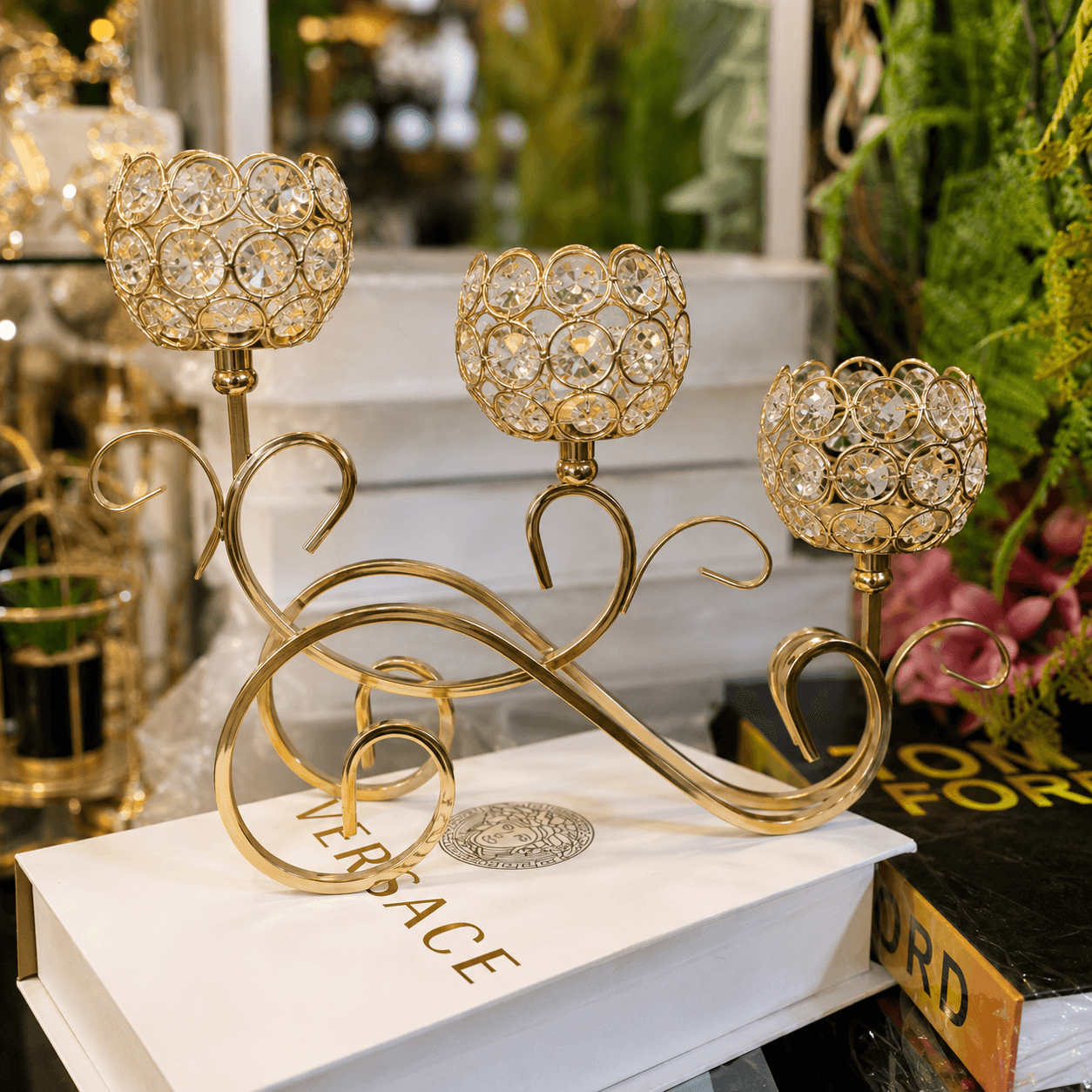 Gold Crystal 3 Arm Candle Holder