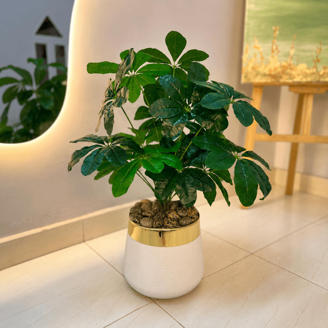 18 leaf Faux Umbrella Plant in Premium Gold Rim Planter