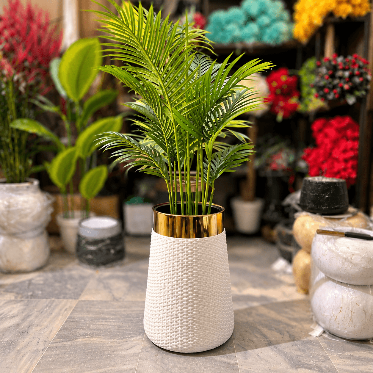 5 FT Artificial Areca Palm Plant with White & Gold Woven Planter