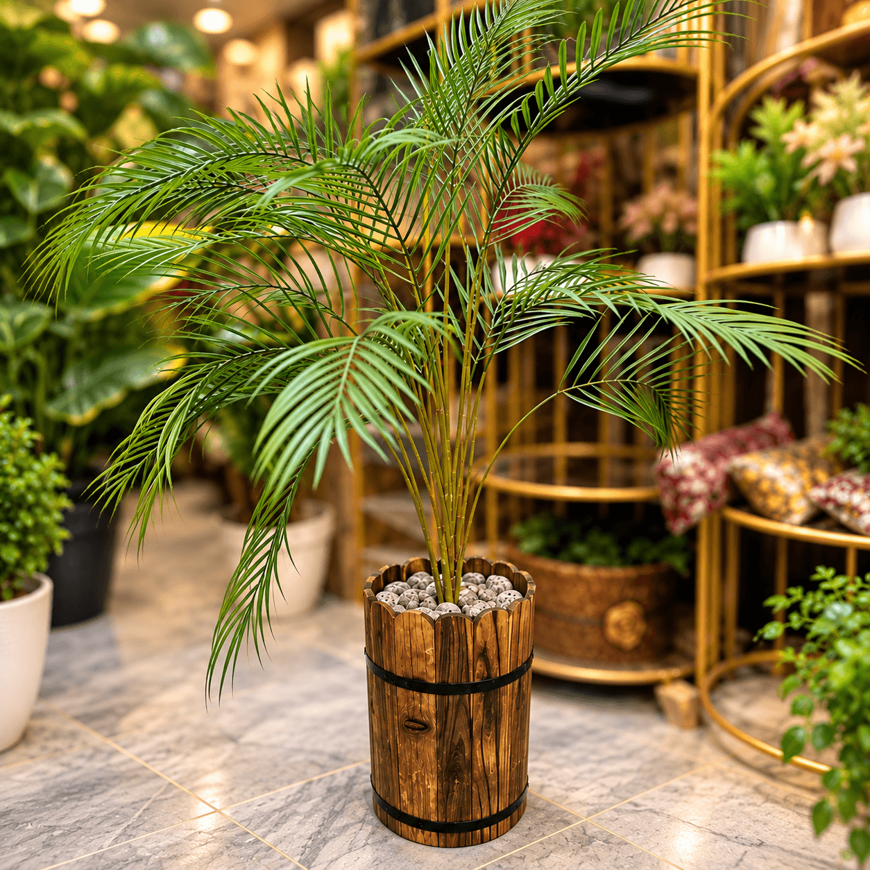 Artificial Areca Palm Plant with Wooden Barrel Planter